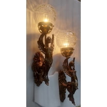 Pair of Vintage Art Nouveau Wall Sconces – Brass Lion Mermaid Fixtures with Globe Glass Shades