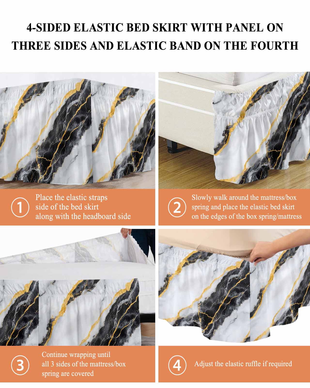 Marble Black Wrap Around Bed Skirts for Queen Bed 16" Drop,Bed Skirt with Adjustable Elastic Belt Dust Ruffle Bed Valance for Bedroom Hotel Gold Foil Ceramic Style Cracks Scratches Bed Frame Cover