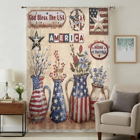 Farmhouse 4th of July Sheer Curtains 96 Inches Long, American Country Star Botanical Light Filering Curtains, Privacy Drapes Simi Floor to Veiling Curtain for Living Room Large Window Treatment