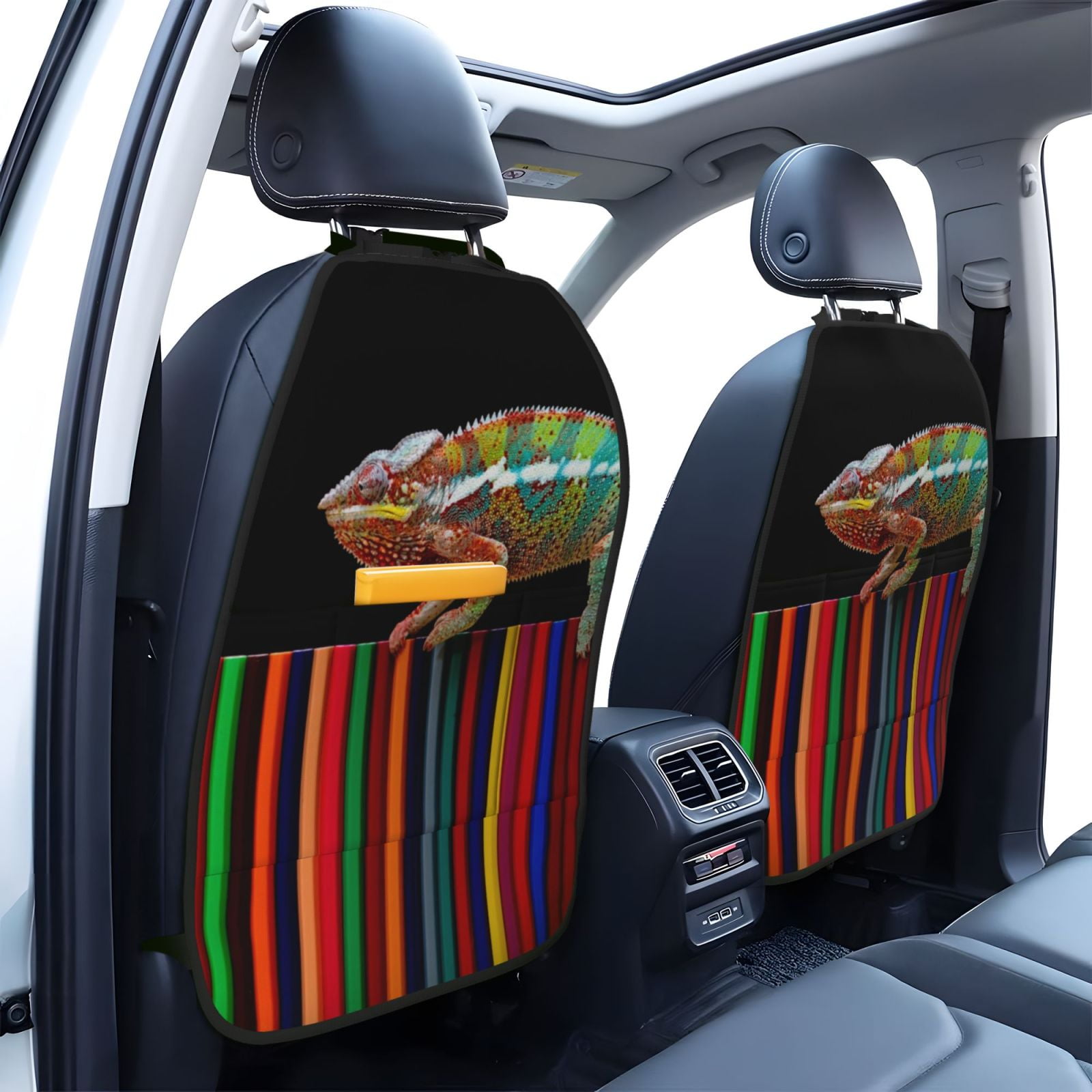 Xecao Chameleon Panther On Colored Pencils Pattern Car Seat Back Protector 2 Pack Large Capacity Pocket, Kick Mats Back Seat Protector