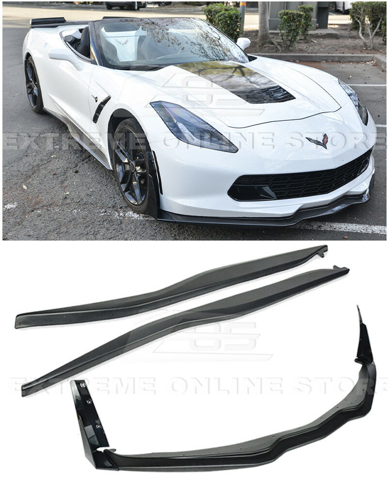 For 2014-2019 Chevrolet Corvette C7 ABS Plastic - Primer Black Z06 Stage 3 Front Bumper Lip Splitter With PAINTED CARBON FLASH Side Extension Winglets & Side Skirts Panel Pair 