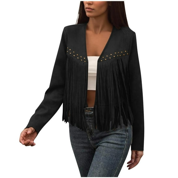 mihongmao 2025 Black * Friday and Cyber * Monday Women's Solid Color Long Sleeves Deer Velvet Tassel Jacket Tops Black XXL