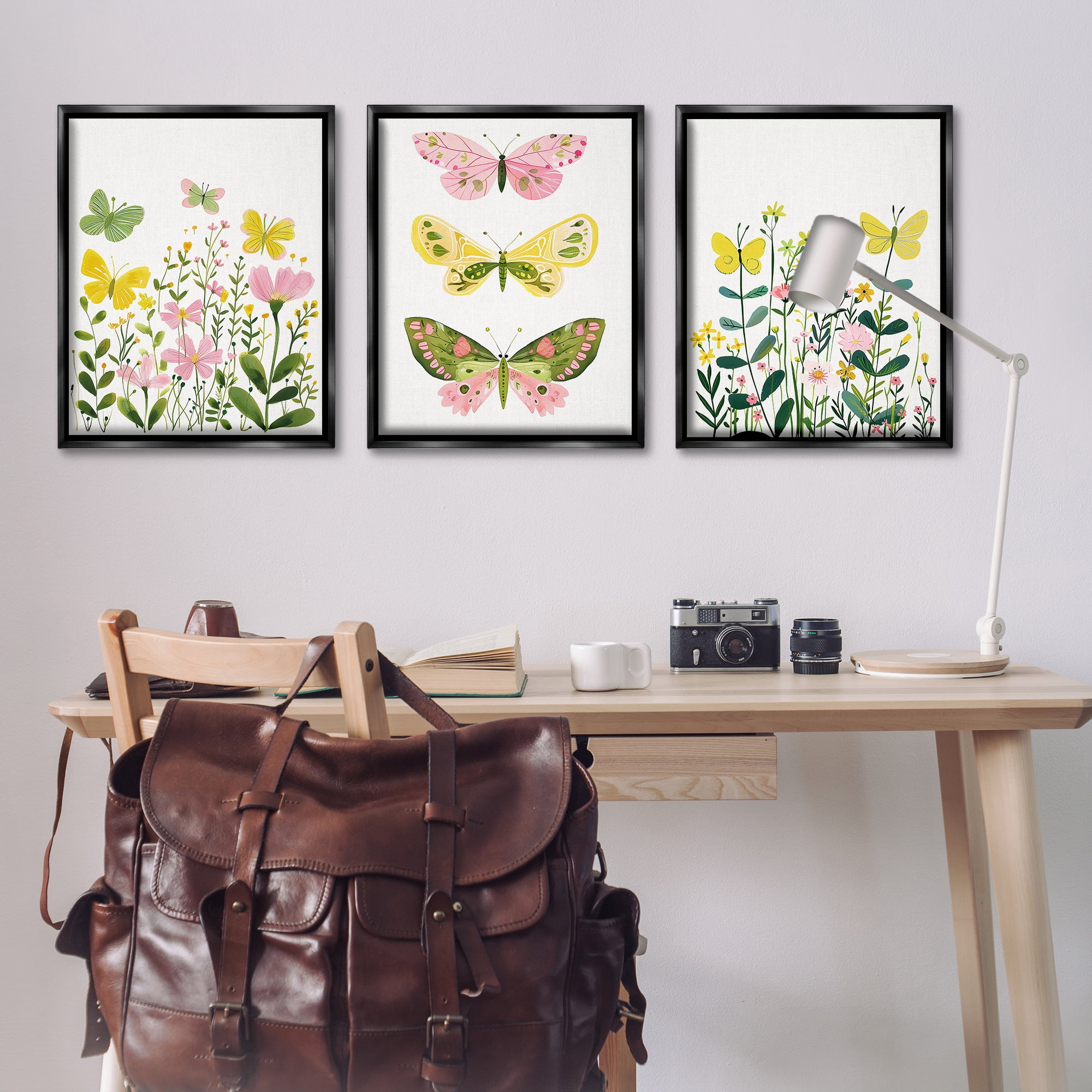 Stupell Industries Playful Butterflies and Florals Animals Painting Black Floater Framed Canvas Art Print Wall Art, 25 x 31, Set of 3