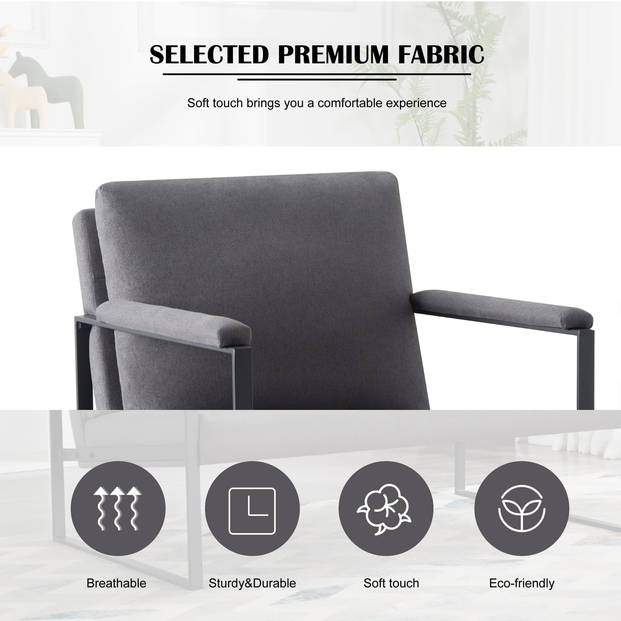 BSHTI Linen Blend Upholstery Accent Armchair,Metal Frame,Square Arms with Padding,Removable Back Cushion,Easy to Assemble,Dark Gray