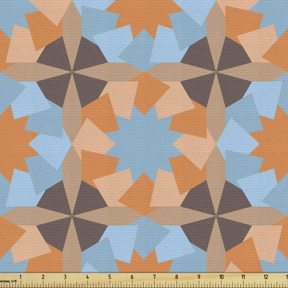 Abstract Sofa Upholstery Fabric by the Yard, Exotic Design of Polygonal Retro Feels, Decorative Fabric for DIY and Home Accents, Almond Dark Peach Blue by Ambesonne