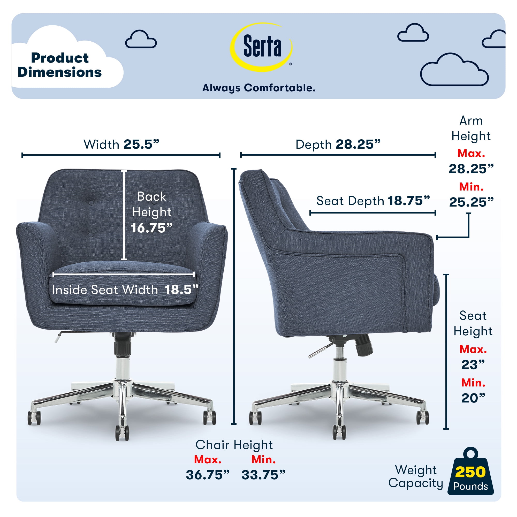 Serta Ashland Home Office Desk Chair with Button Tufted Mid-Back, Memory Foam Cushion and Padded Arms, Mid Century Modern Vanity Armchair with Wheels for Bedroom, Chrome Metal Base, Blue