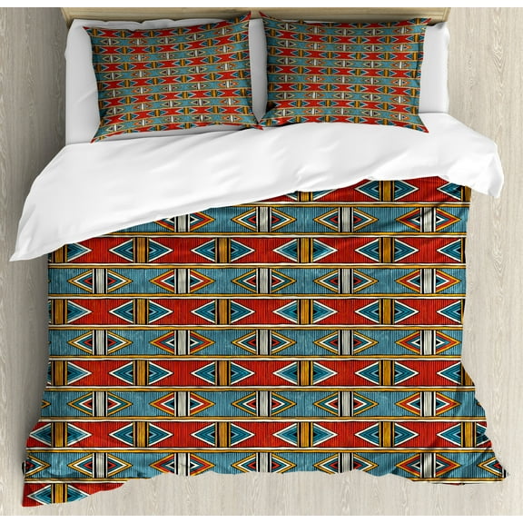Kente Pattern Queen Size Duvet Cover Set, Tribal Traditional Triangles and Stripes Indigenous Native Cultural Heritage, Decorative 3 Piece Bedding Set with 2 Pillow Shams, Multicolor, by Ambesonne