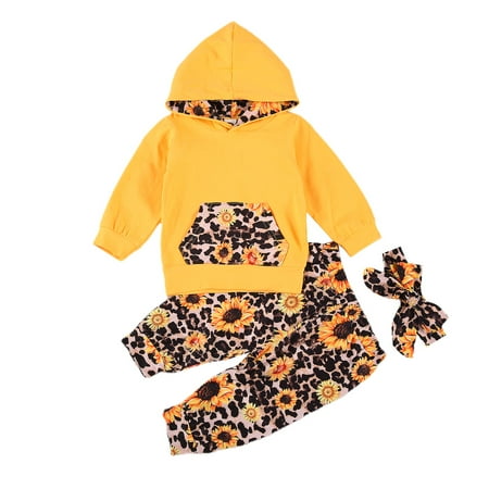 

Meihuida Baby Girls Long Sleeve Hooded Top + Sunflower Print Pants + Headband