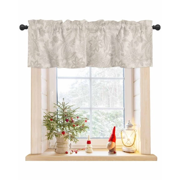 Vintage Beige Flower Curtain Valance for Windows/Living Room/Kitchen/Bathroom/Café, Short Rod Pocket Tier Curtain Window Treatment Panel Modern Ethnic Botanical Topper Curtain 42''x12''