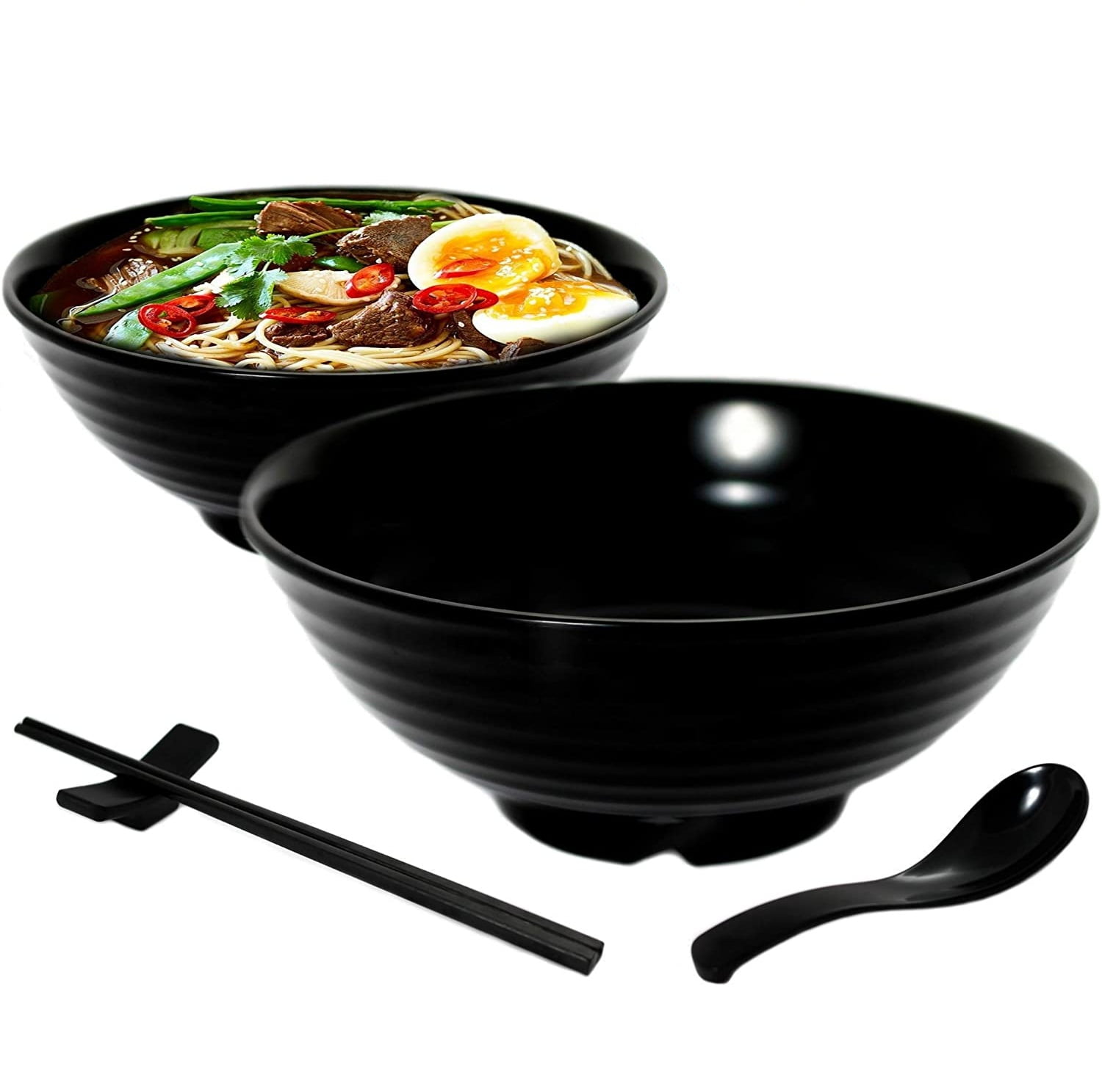ISKYBOB Red Black Bowl and Spoon Sets 4 x Soup Bowl 4 x Long Handle Spoons Melamine Tableware Chinese Style Noodle Bowls with Long Handle Hook Soup Spoons