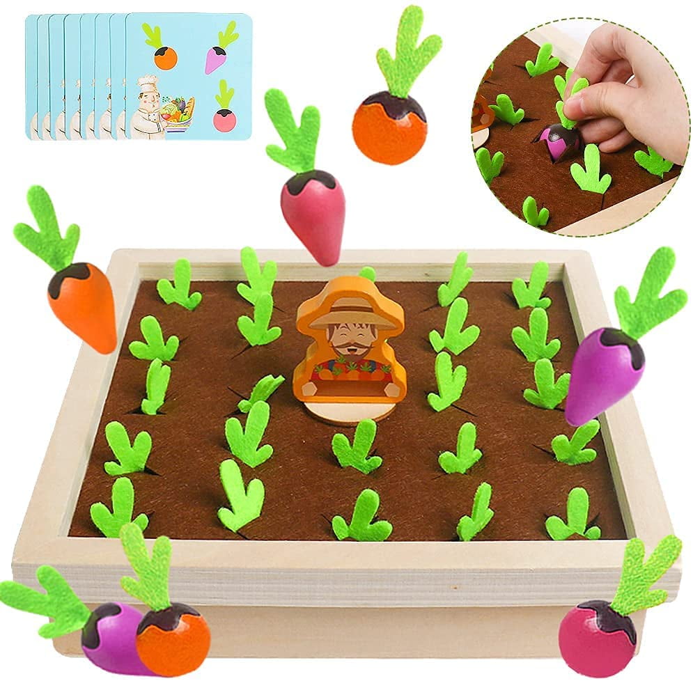 Montessori Toys - Wooden Fun Carrots Harvest Toy Memory Games for Kids Boys and Girls Orchard STEM Toy Car for Shape Color Sorting & Counting Puzzle Matching Game Carrots Harvest Developmental Gifts