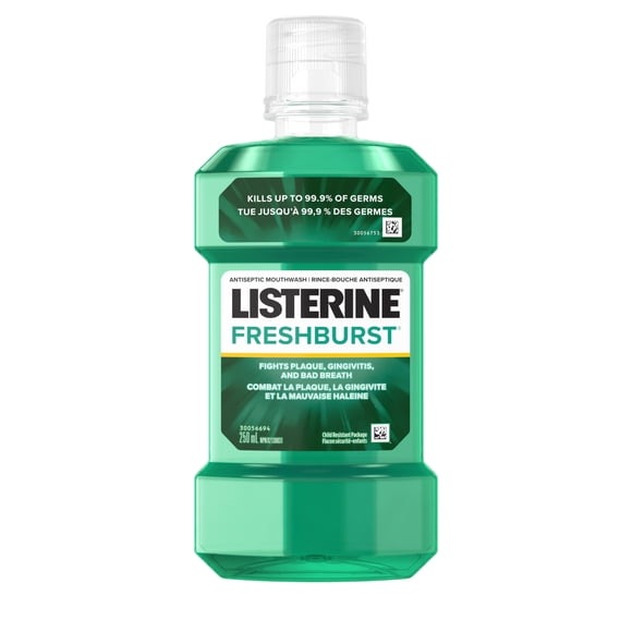 Rince-bouche antiseptique Listerine Fresh Burst, avec huiles essentielles : menthol, thymol, eucalpytol; contre la plaque, la mauvaise haleine et la gingivite, 250 ml