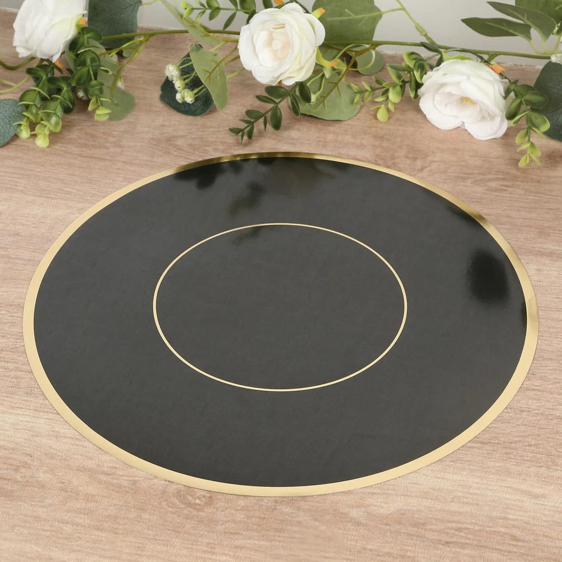 50 Black Disposable 13 in Round Cardboard Paper Table Placemats with Gold Rim