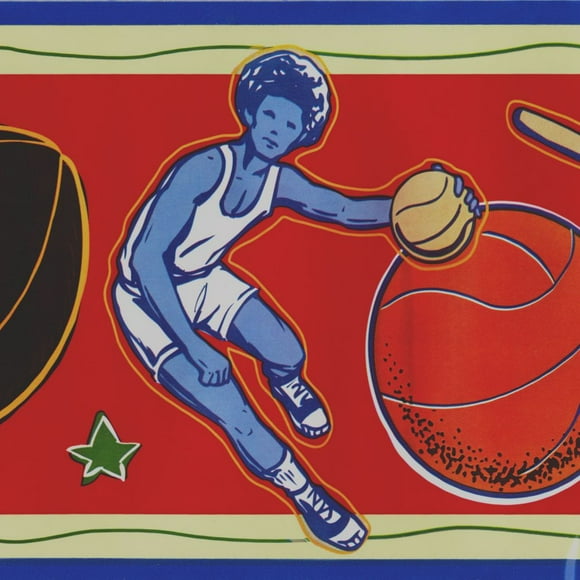 Concord Wallcoverings Peel and Stick Self Adhesive Kids Wallpaper Border, Basketball Football Players for Play Room Nursery Room, Red Blue Yellow, 15 ft by 5 in 2440