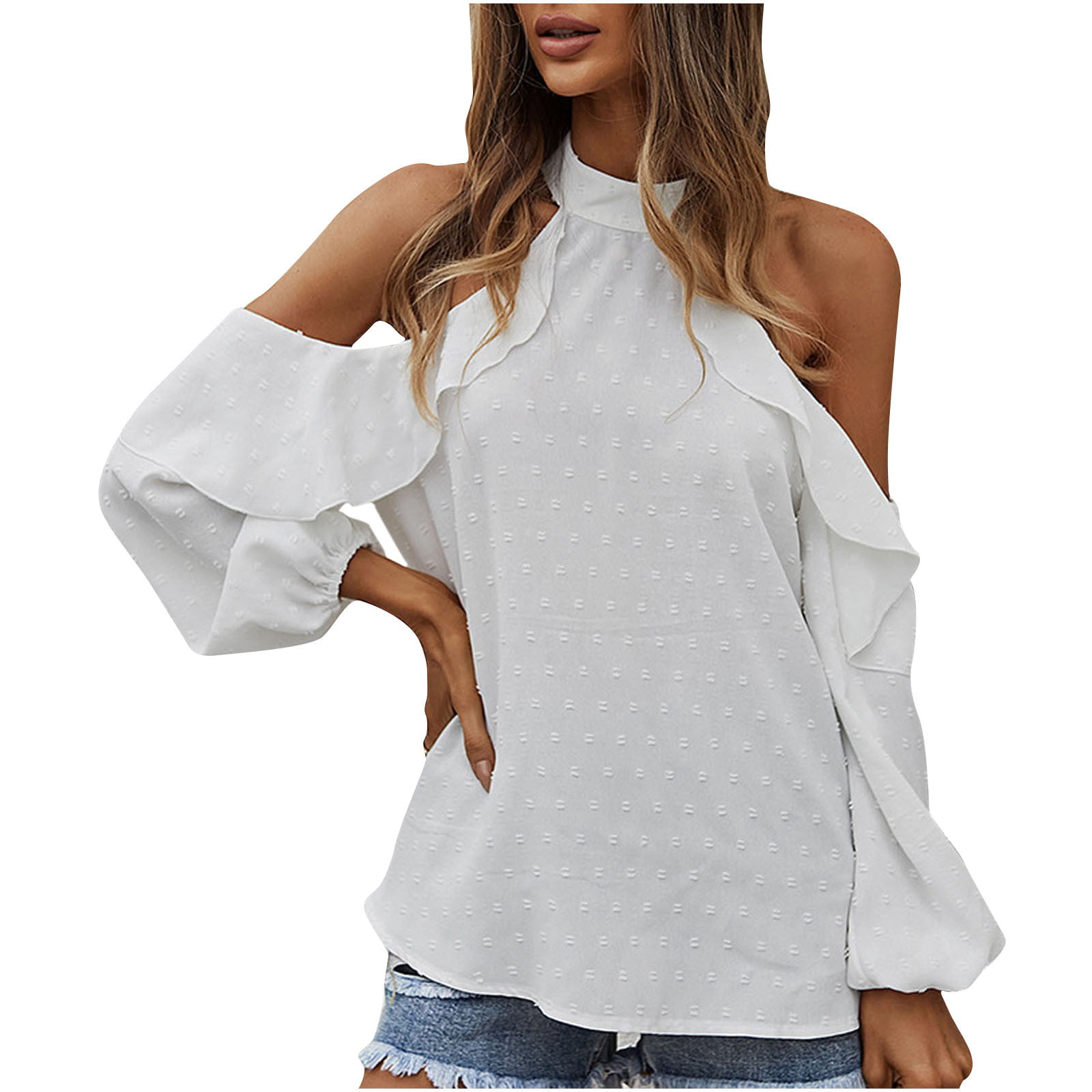 Women Casual Leakage Shoulder Hairball Long Ruffles Tops Dressy Fall Shirt Sweaters Pullover 2022 Walmart.com