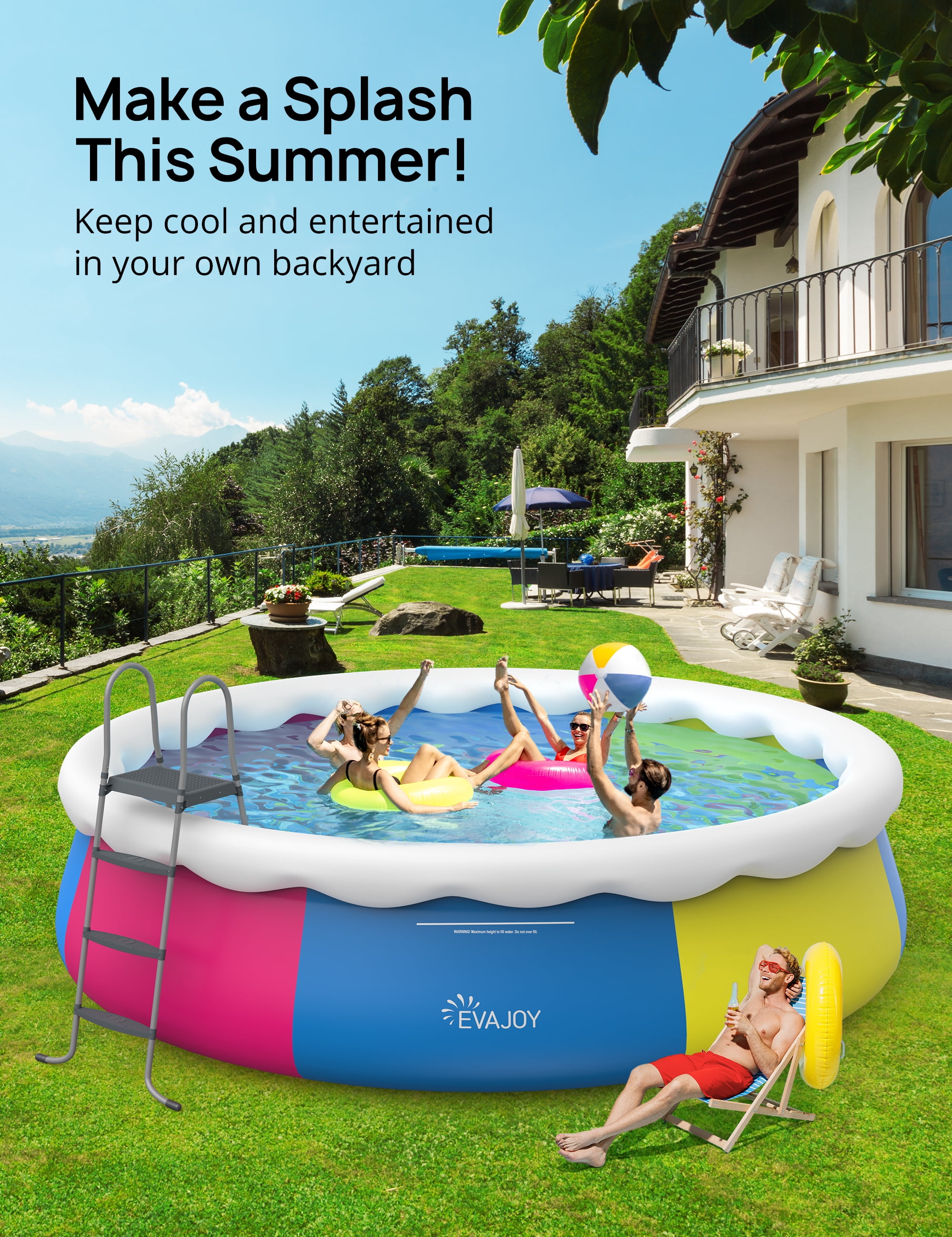 EVAJOY 18ft *48in Above Ground Pool with Filter Pump, Ladder, Ground Cloth and Cover, Easy Setup Inflatable Top Ring Swimming Pool for Adults Backyard Garden Party