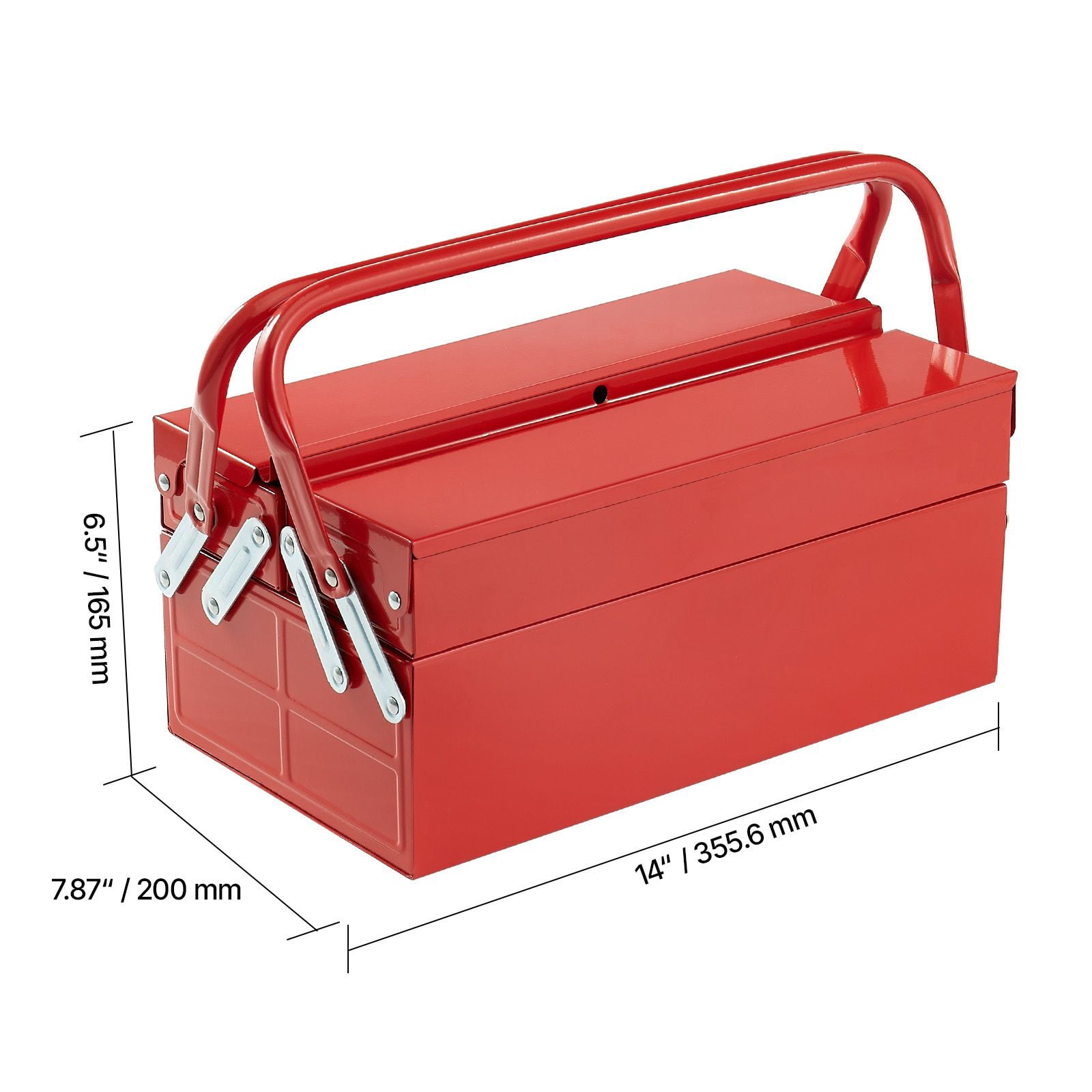 14-inch Metal Tool Box with 2-Tier 3-Tray, Cantilever Design, Powder-Coated Steel, Lock Hole, 8.8 lbs Capacity for Workshop Garage