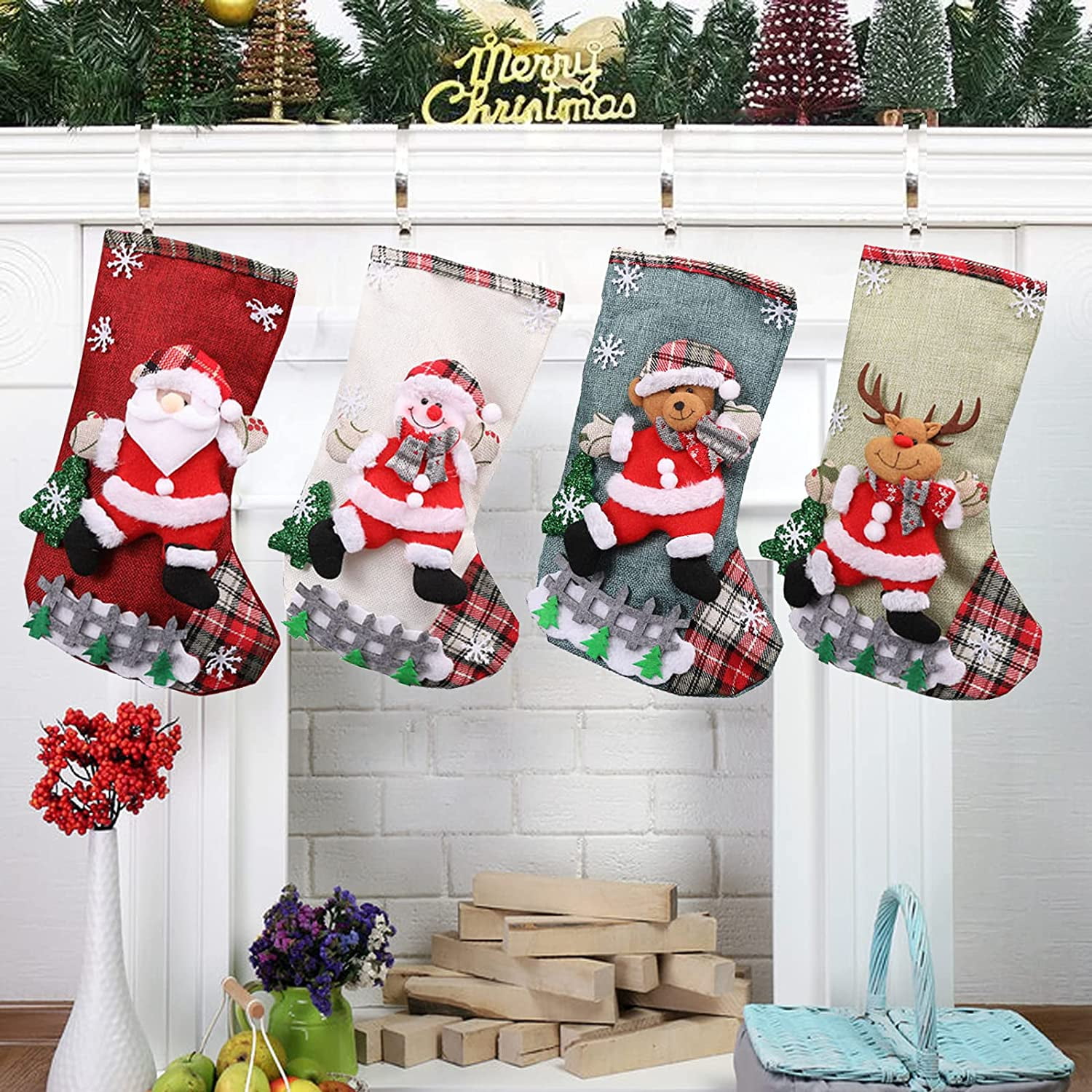 18" Cute Christmas Stocking 3D Santa Snowman Reindeer Xmas Gift Bag Ornaments 