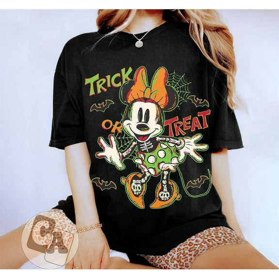 Retro Minnie Halloween Trick Or Treat T-Shirt, Minnie Mickey Skeleton Halloween Shirt, Disney Halloween Party Shirt