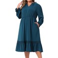 thumbnail image 2 of DARING DIVA Plus Size Ruffle V Neck Long Sleeve Midi Casual Dress 1X Peacock Blue, 2 of 6