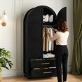 thumbnail image 6 of VEANERWOOD Arched Armoire Wardrobe Closet with 2 Drawers, Wooden Clothing Storage Cabinet with Hanging Rod & Metal Handle for Bedroom, 6 of 8