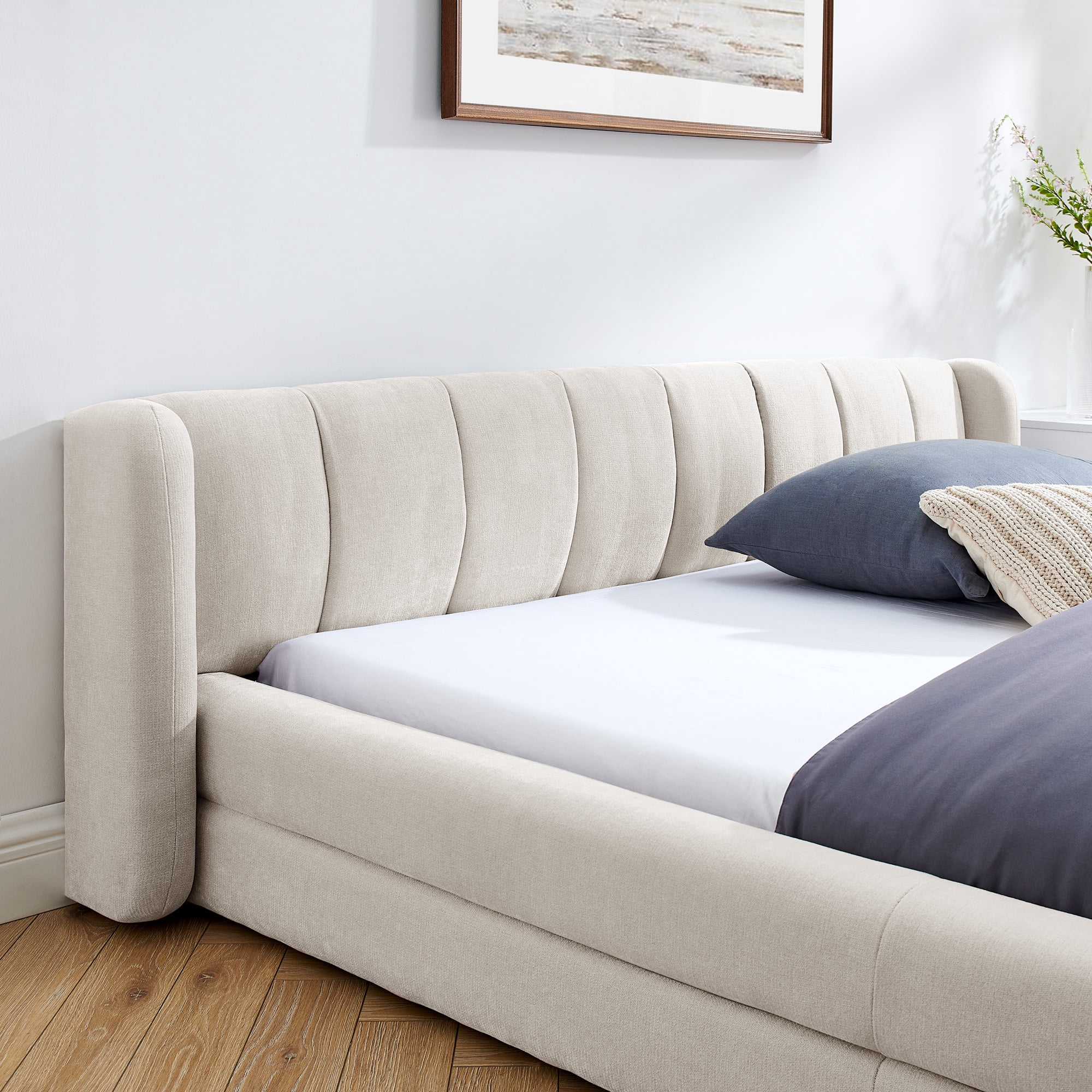 Modern Beige Wood Frame Grounded Queen Size Platform Bed, Queen Chenille Upholstered Platform Bed with Headboard