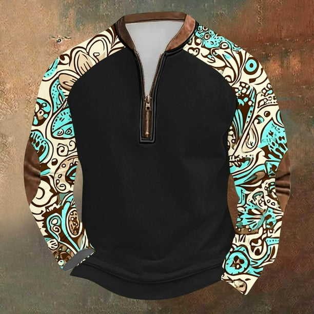 Blusas y camisas de manga larga con cuello redondo para hombre Sudadera con puños en los hombros estampada para hombre Blusa de poliéster de manga larga con cuello redondo para hombre
