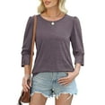 thumbnail image 3 of Huhudde Women Casual 3/4 Puff Sleeve with Buttons T-Shirt Round Neck Tunics Top Solid Color Printed Curved Bottom Loose Blouse, 3 of 21