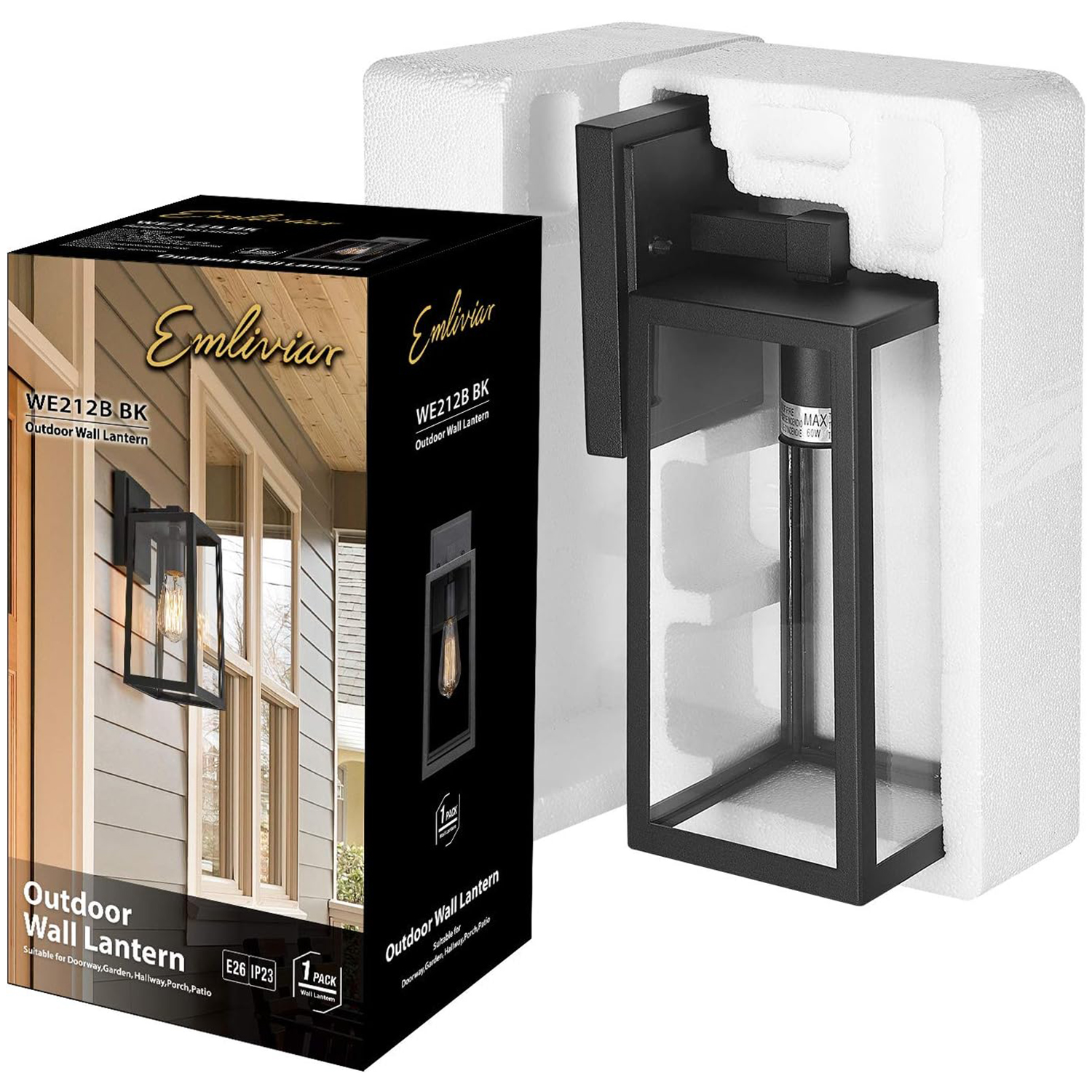 Emliviar Outdoor Wall Lantern, 13.8 Inch Exterior Porch Light in Black Finish with Clear Glass, WE212B BK