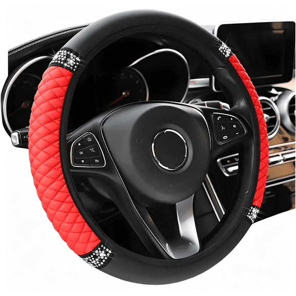 RIONIMA Bling Car Steering Wheel Cover, 15 Inch Rhinestones Soft Leather Elastic Steering Wheel Protector, Sparkly Crystal Diamond for Women Girls, Car Interior Accessories for Most Cars (Red)
