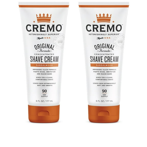 Cremo Barber Grade Sandalwood Shave Cream, Astonishingly Superior Ultra-Slick Shaving Cream Fights Nicks, Cuts And Razor Burn, 6 Fl Oz (2 Pack).