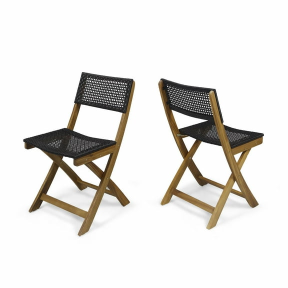 Raquelle Outdoor Wood and Wicker Foldable Bistro Chairs - Set of 2 - Teak and Brown