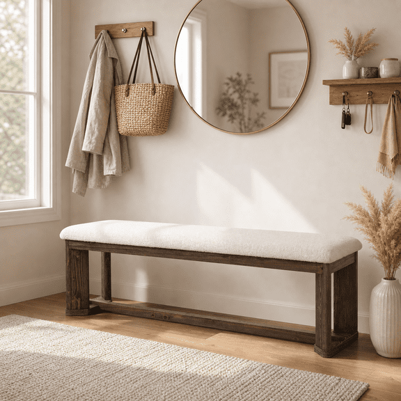 Tribesigns 63" Solid Wood Entryway Bench with Cushion, Farmhouse Upholstered Bench with Antique Brown Leg, End of Bed Bench with Faux Lamb Fur Seat for Bedroom