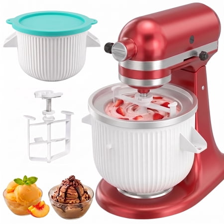 Ice Cream Attachment for KitchenAid Mixer, Ice Cream Bowl Compatible with 4.5Qt and 6QT Or Larger Stand Mixers KitchenAid Attachment, Frozen Yogurt & Sorbet Gelato Maker Attachment, 2 Qt White