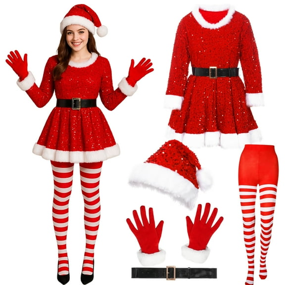 Alaiyaky Mrs Claus Costume Women, Santa Costume Adult Mrs Claus Outfit Sequins Dress Santa Lady Suit Hat Belt Gloves for Christmas Party Cosplay