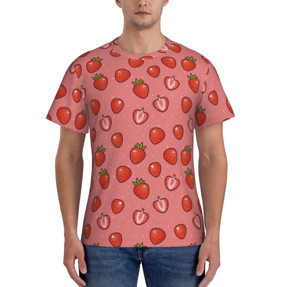 Vsdgher Red Strawberry Print Men's Dry Fit Mesh Athletic Shirts Moisture Wicking Tennis T-Shirt Tops