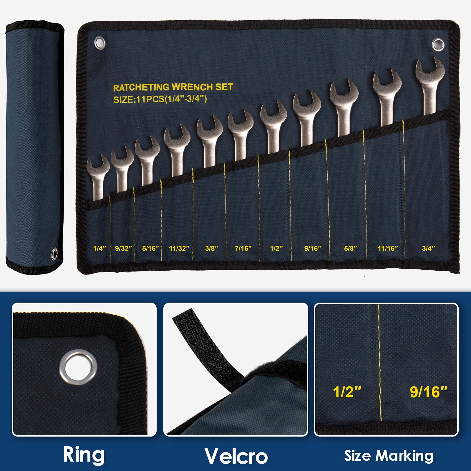11Pcs Ratcheting Wrench Set , SAE 1/4“-3/4”, Combination Wrench Set in Cr-V Steel with Wrench Storage Pouch