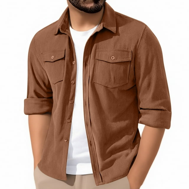 Men's Corduroy Button Down Shacket - Long Sleeve Casual Overshirt with Dual Flap Pockets