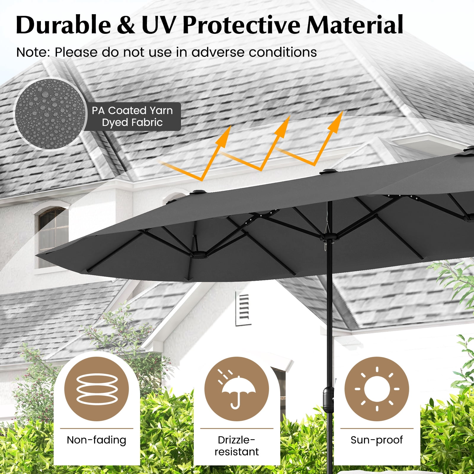 Gymax 13FT Double-sided Patio Umbrella w/ Crank Handle Umbrella Base Safety Lock Grey