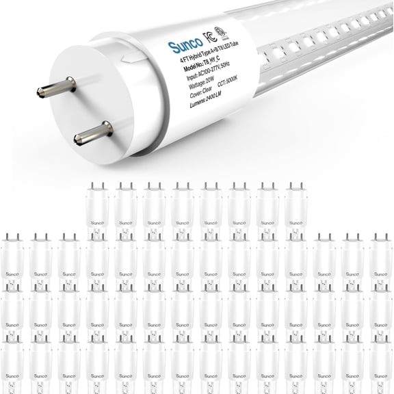 Sunco 50 Pack T8 LED Bulbs 4 Foot, 48 Inch Tube Light Fluorescent Replacement, Single or Double Ended Hybrid Type A B, 2400 LM, 20W, 5000K Daylight, Clear Lens ETL.