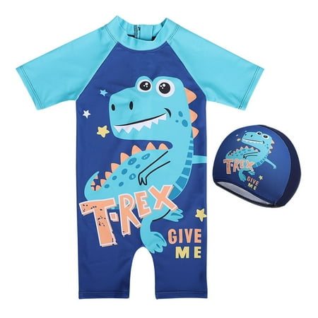 BOBOGOJP Toddler Boys Swimsuits One Piece Rash Guard Swimwear Zipper Bathing Suit UPF50+ with Hat Dinosaur Swimsuit Set Dark Blue for 6-7 Years