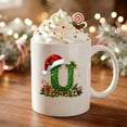 thumbnail image 5 of 11oz Christmas Initial Ceramic Coffee Mug, Festive Green Glitter Letter Design With Santa Hat Holiday Print, White Drinking Cup For Hot Cocoa Tea, Xmas Gift For Household Daily Use, 5 of 7