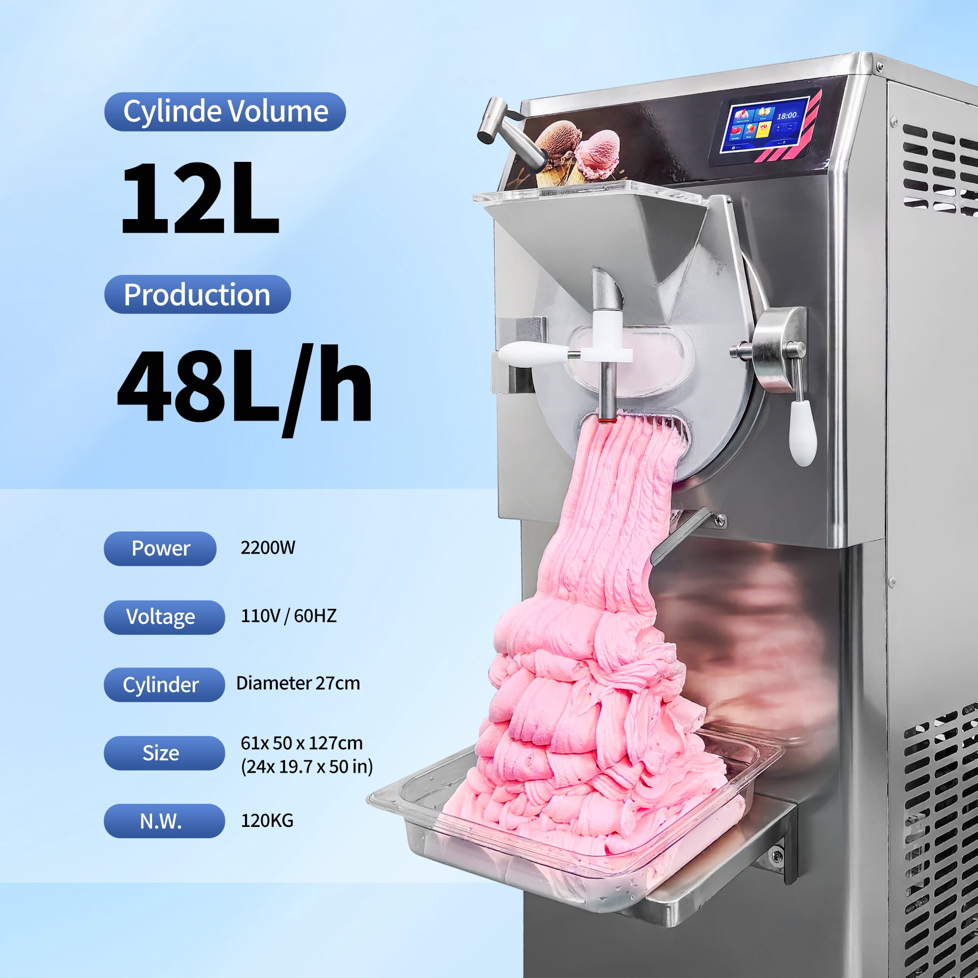 Mvckyi Commercial Hard Serve Ice Cream Machine, 12L 13 Gallon Per Hour Italian Ice Cream Maker, Gelato Hard Ice Cream Machine, 5 Programs Mult-Function, Thick Stainless Steel Hinged Door, 2200W