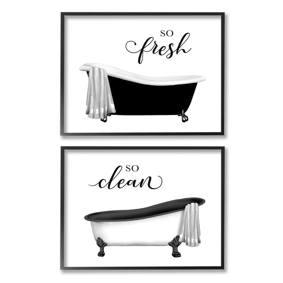 Stupell Industries So Fresh & Clean Bathtubs Typography Painting Black Framed Art Print Wall Art, Set of 2