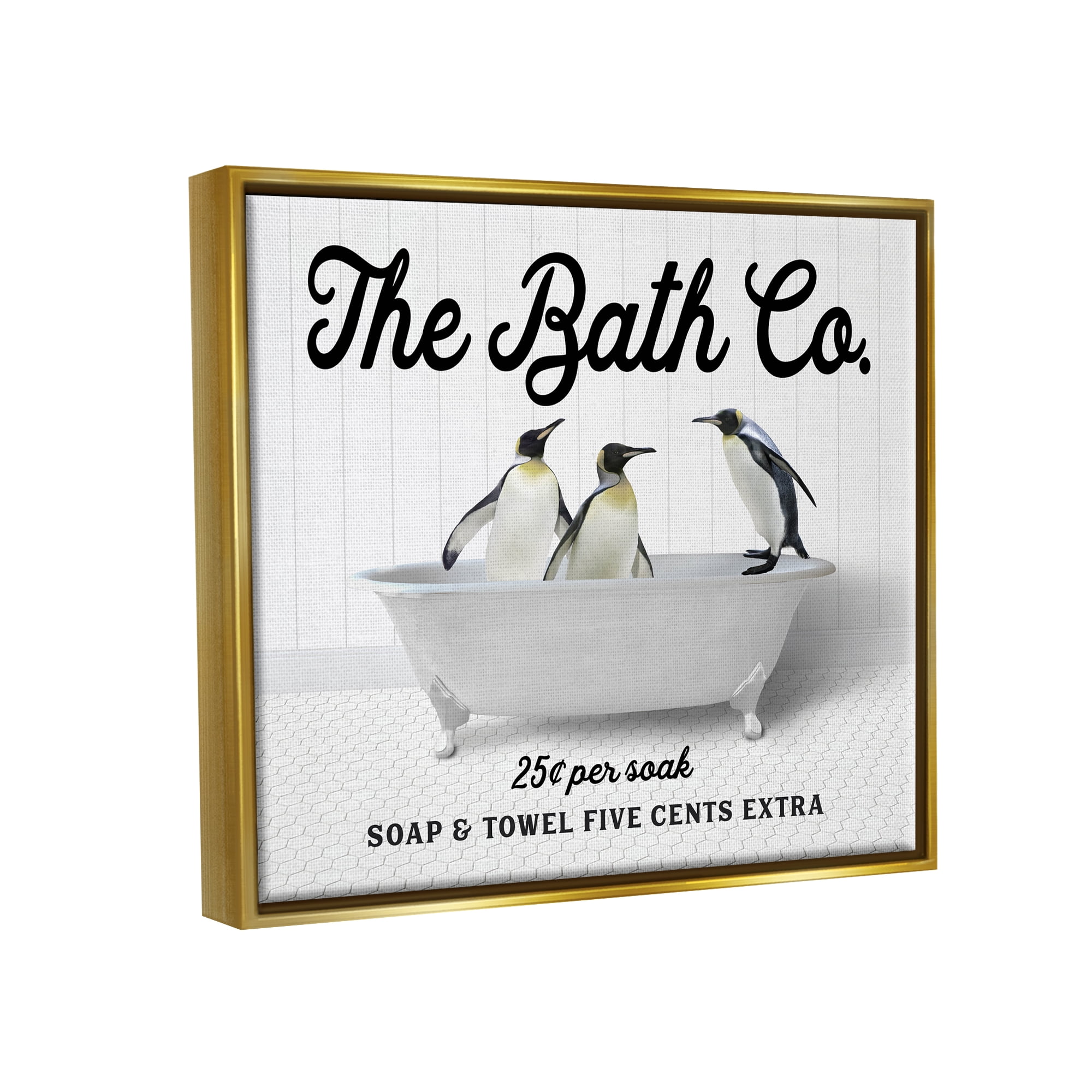 Stupell Industries Vintage Bath Ad Penguins Animals & Insects Painting Gold Floater Framed Art Print Wall Art, 21 x 17
