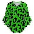 thumbnail image 5 of Lime Green Leopard Animal Print Women's V-Neck Blouse With 3/4 Ruffled Bell Sleeves Casual Top Ladies Blouses, 5 of 7