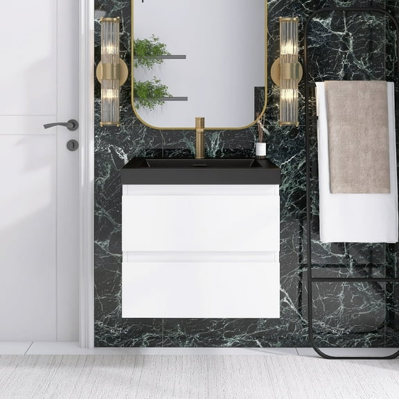 Angela 24" Wall-Mounted Bathroom Vanity in Glossy White with Black Basin