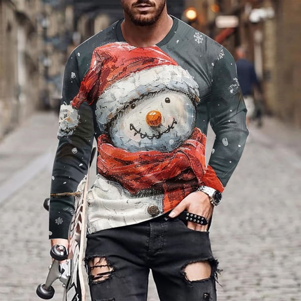Blusas y camisas de manga larga y cuello redondo para hombre, informales, a la moda, con estampado navideño, cuello redondo, blusas de licra de manga larga para hombre.