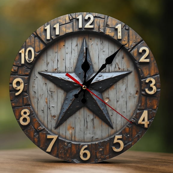 Wall Clock Decorative - Rustic Black Star Print 2D Vintage Wall Clocks Battery Operated Silent Non-Ticking for Bedroom, Living Room, Kitchen, Office, Classroom, 10 Inch