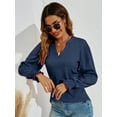 thumbnail image 6 of LOMON Women's Casual Puff Long Sleeve Tunic Tops V-Neck Pleated Flare Blouse T-Shirts with Smocked Cuffs, 6 of 7